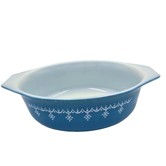 Vintage Pyrex Snowflake Garland Oval Casserole Dish 043 No Lid 1 ½ Qt. Blue Whit - Picture 1 of 16